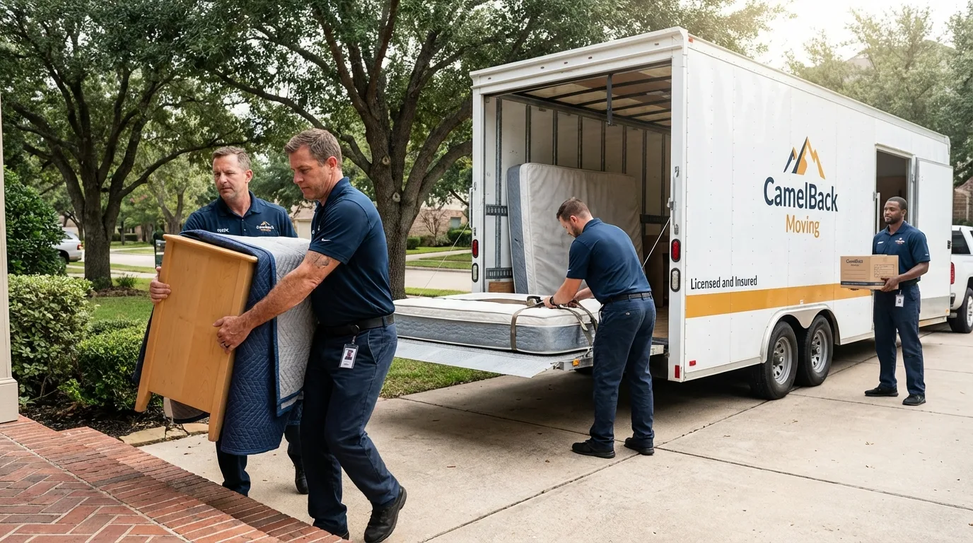 Crew loading residential truck for cross-state move from Nevada City, CA