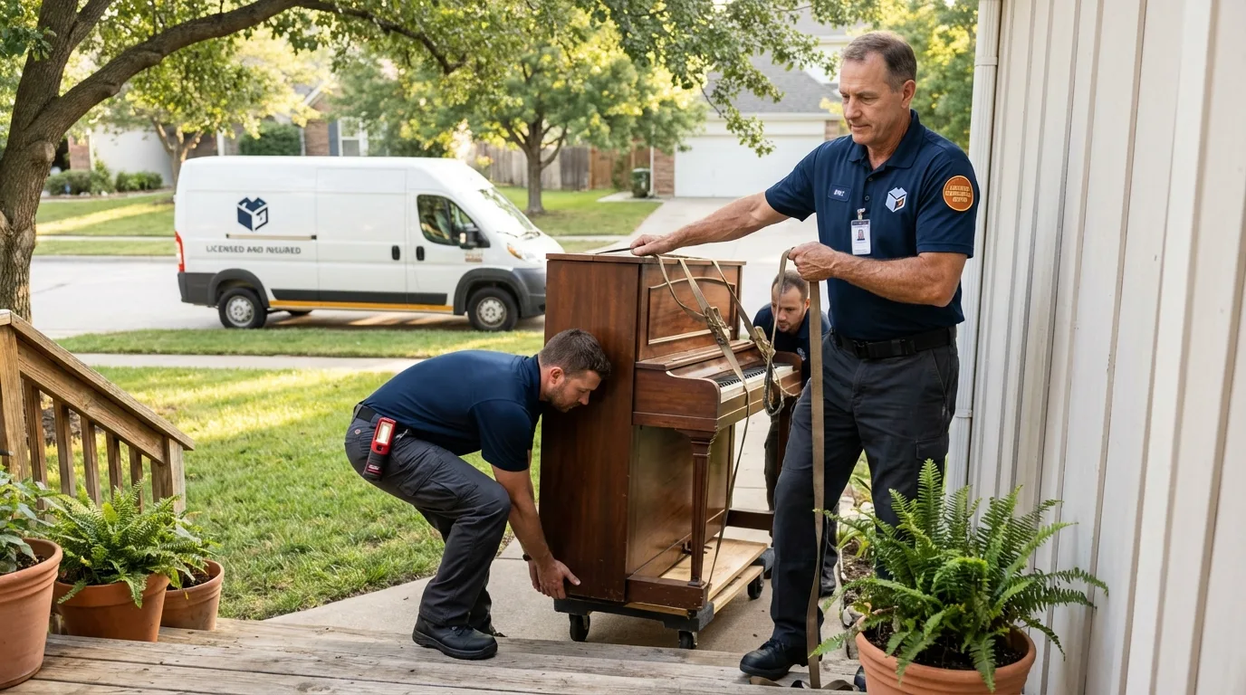 Licensed piano movers securing grand piano in Nevada City, CA