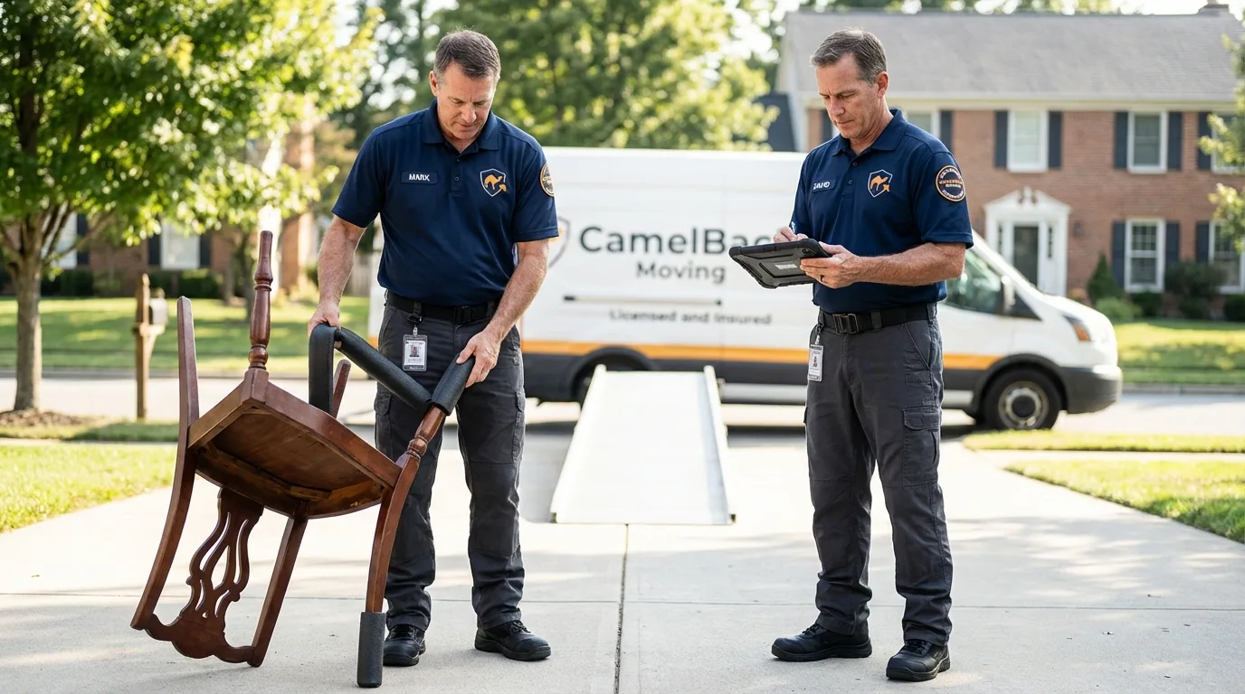 Movers inspecting furniture for damage prevention before loading in Nevada City, CA