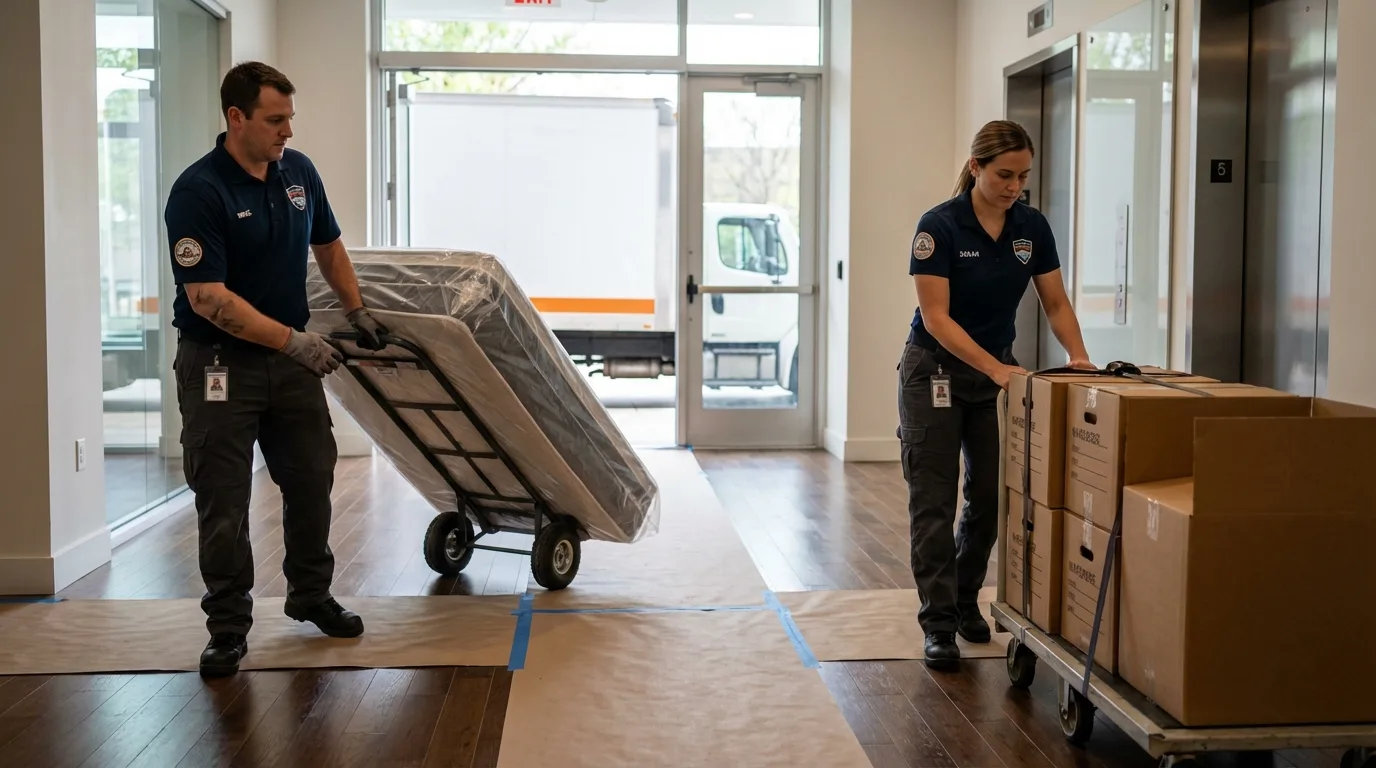 Professional apartment movers loading elevator in Nevada City, CA