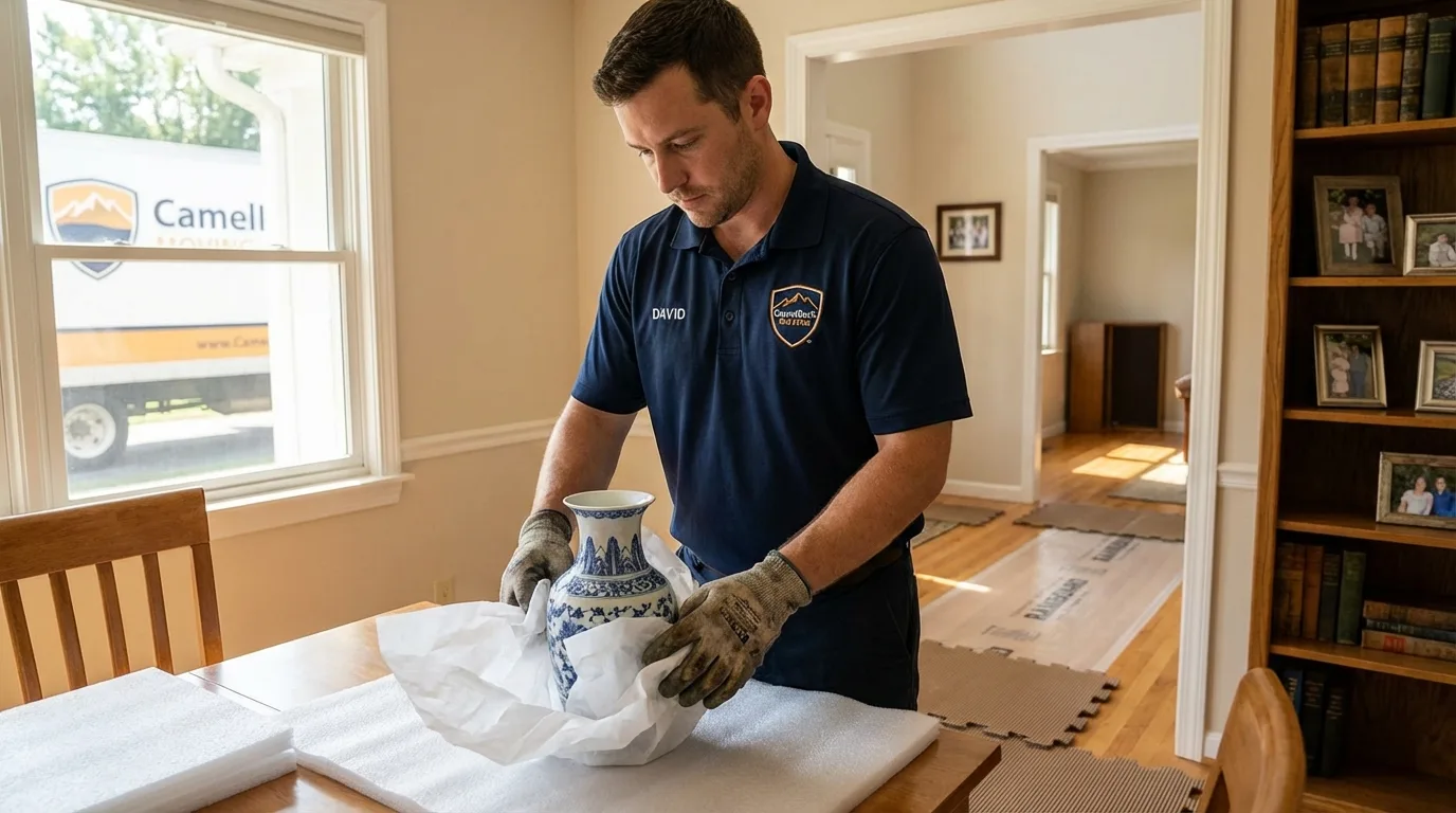 Professional crew carefully wrapping antique vase for senior downsizing move in Nevada City, CA